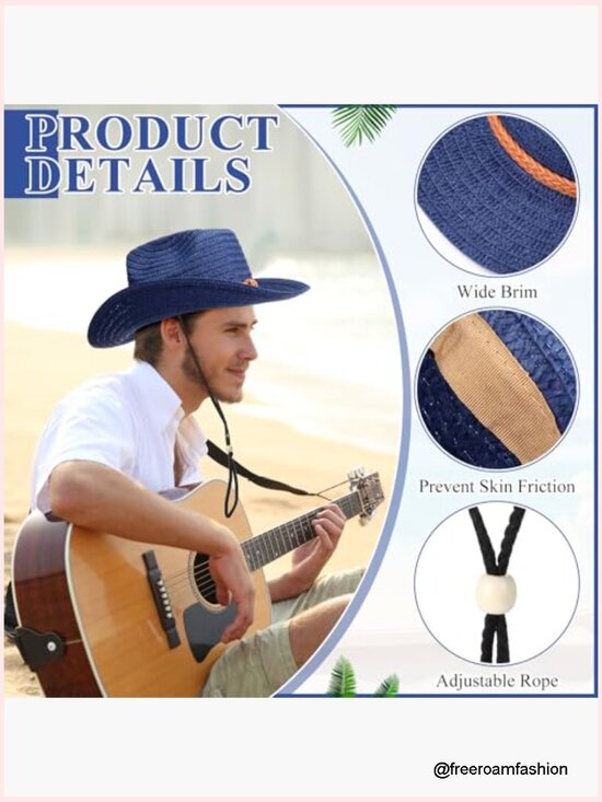 12 Pack Straw Cowboy Hats Wide Brim Summer Sun Protection main image 7